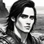 Placeholder: A portrait of Jared Leto in his early 30s, long beachy haircut, black hair, on a rocky island, in ebony armor from Skyrim, melancholic and dangerous facial expression, half-smiling, drawn in the style of ink manga sketch, black and white, sketchy