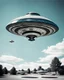 Placeholder: Design a retro futuristic, UFO hovering in a clear blue daytime, photorealism, surrealism, black and white photography, analog film, highly detailed