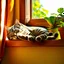 Placeholder: photorealistic, high-resolution image of a grey tabby cat sleeping on a sunny wooden windowsill next to various potted plants. The cat, with light brown and black stripes, lies on its back, paws up, basking in a ray of golden sunlight that illuminates its fur. The window in the background features an amber curtain on the left, and a wooden frame separates the panes. Outside the window, soft golden light suggests either sunrise or sunset, with blurred foliage visible. On the windowsill, several t