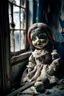 Placeholder: looking at the camera a high realistic porcelain puppet doll, old, dirty with old dress, sitting on shelf, in background blur cracked window. The figure has cracked face and head, and piercing big black eyes. High contrast, cinematic, thriller, dark, atmospheric. Surreal style , perfect composition, sharp focus, intricate details, crepy stunning horror vibe