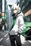 Placeholder: In anime, an anthropomorphic male character with white fur, white-and-green-haired, white-skinned, green-eyed, wolf ears, whiskers, a black hoodie, and black pants, is on the street in the massive capital, 8K resolution, high quality, ultra graphics, and detailed with lines.,((street, white car showcase)), aesthetic, hyper realistic, glowing lights