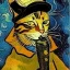 Placeholder: oil portrait of a cat with hat smoking a pipe by Van Gogh