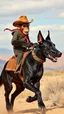 Placeholder: A monkey with cowboy hat riding on a Great Dane black dog running in the desert
