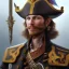 Placeholder: pirate Captain wielding a sandstone rapier and sandstone dagger. Wearing a hat with an impressive feather and with a brutal scar across his neck, fantasy D&D character, portrait art by Donato Giancola and Bayard Wu, digital art, trending on artstation, 4k