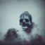 Placeholder: abstract photographic camera mixed with skull in dirty style. fog and smoke in atmosphere. bokeh, lens flare. Dark mood. Dripping paint. oil on canvas, mixed media, high detailed.