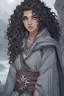 Placeholder: A female DnD character in a dark cave. A mysterious half-elf twilight cleric with dark, super curly hair and blue eyes. Wearing a grey robe with star symbols on it.