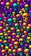 Placeholder: a field of 1000s of psychedelic psilocybin induced anatomically correct, skulls, vivid RANDOM BRIGHT neon colors, dark comedy, well lit, high detail, photorealistic, horrorcore, fun, scary, none featured, each a different color or hue,