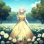 Placeholder: anime girl holding on to a dried dandelion flower and blowing the dried seeds into the air as the wind carries them away. outdoors scene.anime girl standing in a meadow of flowers. thw wind is blowing flower pedals into the wind. girl wearing yellow dress. more emphasis on seeds floating in the air. lots of seeds floating the air