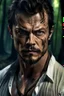 Placeholder: Portait Josh Duhamel as fantasy alpha werewolf in human form very muscular short cropped hair and rough beard, tribal tattoos wearing white button up shirt with rolled up sleeves realistic face, close-up, dark fantasy, fantasy forest, intricate details, hyper detailed, photograph