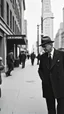 Placeholder: An old picture style of black and white mono very bad quality looks very old camera picture with cracks of trump walking with the singer frank Sinatra in New York street year 1900