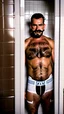 Placeholder: photo of stocky marocan with moustache 40 years old under the shower, hairy chest, big tights, in a old bathroom, misery and poverty, photorealism, 35mm lens, ultra detailed