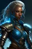 Placeholder: Female air genasi from dungeons and dragons, ranger, wind like hair, wearing hot leather clothing that also looks studded, woman of color, bluish coloring, realistic, digital art, high resolution, strong lighting