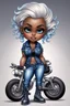 Placeholder: create an airbrush illustration of a chibi cartoon voluptuous black female wearing a blue jean outfit with biker boots. Prominent make up with hazel eyes. Extremely highly detail of a very low platinum blonde pixie haircut. Background of a bike show.