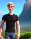 Placeholder: A skinny and relatively tall guy with wild curly blond hair, smiling with teeth and wearing black skinny jeans and a t-shirt