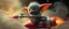 Placeholder: hairy macho gremlin teddy Homunculus – living in a hi tech marvellous hot dog art graphics and gems on rocket with a mounted sling shot mega harpoon, heading for venus , background motion blur and smoke swirls