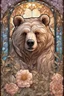Placeholder: stained glass window design of an overwhelmingly bear framed with vector flowers, long shiny, wavy flowing hair, polished, ultra-detailed vector floral illustration mixed with hyper realism, muted pastel colours, vector floral details in the background, muted colours, hyper-detailed ultra intricate overwhelming realism in a detailed complex scene with magical fantasy atmosphere, no signature, no watermark