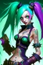 Placeholder: Jinx is a fictional character from the video game "League of Legends." She is typically depicted with long, blue hair and green eyes, and wears a stylish and revealing outfit that resembles a classic magicians' costume. Jinx is often armed with a variety of weapons such as swords, explosive devices, and sharp throwing stars which she uses to fight her enemies in battle. Her chaotic and unpredictable nature is reflected in her maniacal laughing and energetic movements.