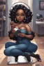 Placeholder: Create a futurism magna art of a black chibi curvy female sitting on the floor looking at herself in a hand mirror. She is wearing tight blue jeans and a black off the shoulder blouse. Prominent make up with lush lashes. Highly detailed long wavy hair. She is also wearing silver large hoop earringsart of a black chibi curvy female sitting on the floor looking at her cell phone. She is wearing tight blue jeans and a black off the shoulder blouse. Prominent make up with lush lashes.