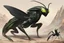 Placeholder: Creature with a human like face, huge black wings, mantis like arms , a scorpion like tail, and a large eye on its chest