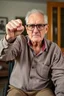 Placeholder: Portrait of poor angry caucasian very old senior man wearing eyeglasses and showing big fist standing at home indoor, Older Adults and Their Anger Issues, wheelchair