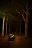 Placeholder: Night, square bench, dirt roads, trees, gothic horror films influence, creepy, photography