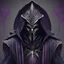 Placeholder: warlock, metal mask, black robe with ash purple patterns, dark, ominous, ash purple, grey background