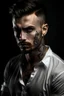 Placeholder: Ultra realistic photograph of muscular male in white button up shirt, dark hair cut short and stubble on chin, dark fantasy tribal tattoos