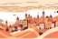 Placeholder: Scenes A skyview over a city in a not scary hell, a castle on a hill in the background, style: children’s book illustration, flat vector-like, no shadow, minimalistic, no outline, realistic colors in orange, red shades