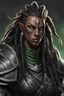 Placeholder: dungeons and dragons character portrait of a very strong and big beast human female warrior wearing black armor with black skin and dreadlocks and thick eyebrows and big nose and big fangs and green eyes and visible tusks