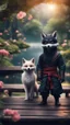 Placeholder: magazine cover with black border, adjust hue for evening, close up portrait of ninja kick polar fox by lake on dark wooden bridge couple with strange cute huge eyes from a tree house in wonderful enchanted magical forest with amazing variety of plants and eksotik flowers,bokeh like f/0.8, tilt-shift lens 8k, high detail, smooth render, down-light, unreal engine, prize winning