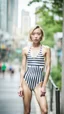 Placeholder: beautiful anorexic asian girl, total shot, shiny striped triathlon swimsuit, short blond wavy bob hair, blurred city background