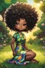 Placeholder: An graffiti art image of a chibi black cartoon of a curvaceous woman with flowing of tight curly afro of black hair that's highly detailed, wearing a tie dye maxi dress. She sits relaxed on the grass facing the warm sunlight, which illuminates her face as she looks to the side with a small smile, accentuating her prominent makeup and brown eyes. with green and hot pink roses all around