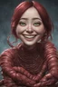 Placeholder: Woman smiling, worms streaming from his eyes, siting pose, fullbody, Junji Ito style, darkred tones, high detailed, 4k resolution, digital paiting, 3d pixar disney the cinematic FKAA, TXAA, and RTX graphics technology employed for stunning detail.