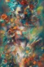 Placeholder: Generate a captivating digital artwork where a vivid explosion of images on a canvas bursts forth, weaving together elements of a woman, demons, tattoos, flowers, and stormy hues. Capture the essence of dynamic creativity in this abstract masterpiece."