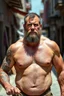 Placeholder: full figure , strong muscular burly beefy turkish carpenter shirtless, hairy chest, very hairy, 44 years old , sweat and wet, bull neck, tattoo, short beard, unshaved hair, working in the middle of the street under the sun , aspect ratio 9:16