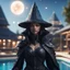 Placeholder: pen outline, layered, portrait of dark space witch hunter with strong gaze, by the pool, pool contains floating flat pyramid star ship of extreme complexity and beauty,bokeh like f/0.8, tilt-shift lens 8k, high detail, smooth render, down-light, unreal engine