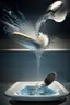 Placeholder: in focus, a jet of water flows into a spoon and splashes everywhere in a sink tray