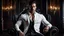 Placeholder: A breathtaking cinematic portrait of a handsome, muscular man around 35 years old sitting confidently in an elegant Victorian armchair inside a dark Gothic castle room. He has medium-length dark hair, dark eyes, subtle stubble, and an intense, determined gaze looking directly into the camera. His white shirt is partially unbuttoned, revealing part of his chest, with fitted black leather trousers, pale light, dark colors. in background a blur vampire voman stands in shadow, detalied, cinematic