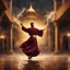 Placeholder: Hyper Realistic photographic-view of a Sufi Whirling with Golden & Maroon Islamic Sufi Rustic Grungy Background with thunderstorm at heavy rainy night outside an ancient Islamic architectural building with golden-sparkles-whirling showing dramatic & cinematic ambiance.