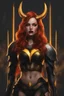 Placeholder: Masterpiece, 1girl, best quality, Mature female, cinematic ligting, 4k, Dark Knight Armor, {{{black lips}}}, {{{{black lips}}}}, eyeliner, mascara, eyeshadow, demon horns, full lips, red hair, long hair, wavy hair, hair over one eye, yellow eyes, {{{{evil eyes}}}}, evil aura, cackle, black sclera, {{{evil smile}}}, black cape, evil, sadistic