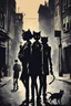 Placeholder: Design a detective book cover for teenagers. A teenage girl in the centre and two boys on her sides are on the town street. Black Cat as a company. Banksy style, pop art style, dark mood, mysterious atmosphere