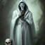 Placeholder: portrait of vampire poet wearing soft robes and blue gloves holding skull & scroll,dark stone statue, lively eyes,hidden hands, framed by foliage, shiny eyes,