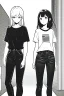 Placeholder: two girls dressed in jeans and a T-shirt walk in the city, line arts, greyscale