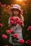 Placeholder: A little girl from Russia at the age of 7 years holds a lot of roses and puts them on her face, and she wears a white Bucket Hat, she puts the roses in front of her face, so her face does not appear, so her face does not appear,(Many Flowers: 1.2), Soft Light, Golden Hour, Upper Body, HDR, 8k, Natural Skin Texture, AO, Intricate, Highly Detailed, Sharp Focus, Crazy Detail, Intricate Detail, Highly Detailed ,The girl looked down