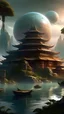 Placeholder: sci fi planet, chinese temple, rivers, beautiful, futuristic