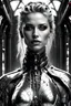 Placeholder: Generate an 8k image of a futuristic Hollywood superstar with android features, inspired by Luis Royo's art, wearing a metallic exosuit.In black and white, he draws the stages of human development from fetus to old age In a long room and a graveyard, and there is only one lighting source