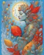 Placeholder: Fauvism, large cartoon leaves, strokes, dots, circles and cartoon Monster, Josephine Wall, Thomas Kincaid, naive one-line drawing, cartoon, funny, summer shrub, side view, boucle + dots, using silver decorative elements and gold leaf. Light blue shade with red mother-of-pearl and gold reflections, bright and beautiful, high detail, whimsical, high resolution, colorful, drawing in the style of Victoria Kirdiy and Eric Carle, pencil drawing.