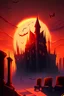 Placeholder: vampire courtroom blood benches cross cartoon flames city morning sunrise