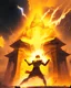 Placeholder: a person destroying with the help of yellow lightning striking and exploding the temple inflicting raging anger and fire in the atmosphere with orange sky