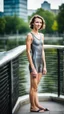 Placeholder: beautiful anorexic young woman, total shot, short shiny anthracite triathlon swimsuit, short brunette wavy bob hair, blurred city background